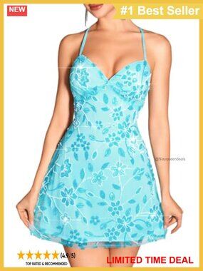 Beaded Sequin Mini Dress Halter V-Neck Bodycon Night Out Party